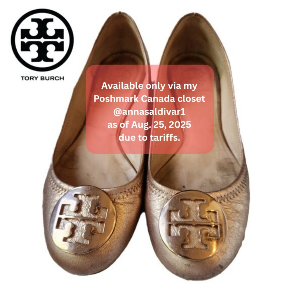 6.5/7 Tory Burch Rose Gold Metallic Leather Flats with Logo Medallion
